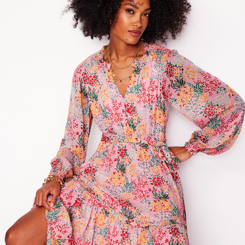 Ruffle Smocked Midi Dress-Almond Pink, Garden Bouquet